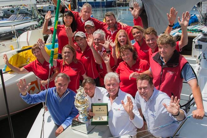 RSHYR Overall Winner Presentation - On Boat – Wild Rose crew in background. From left in front; Jean-Noel Bioul Rolex SA, John Cameron – CYCA Commodore, Roger Hickman – Owner/Skipper Wild Rose, Richard Batt – RYCT Commodore - RSHYR 2014. ©  Rolex/Daniel Forster http://www.regattanews.com